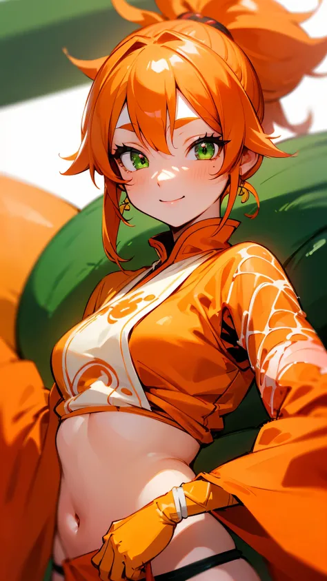 1 girl、8k、Sharp focus、(Bokeh) (Highest quality) (Detailed skin:1.3) (Intricate details) (anime)、Orange clothes、Orange Hair、ponytail、Beautiful green eyes、Wicked Smile、Loincloth、Shrimp mascot、Upper body close-up