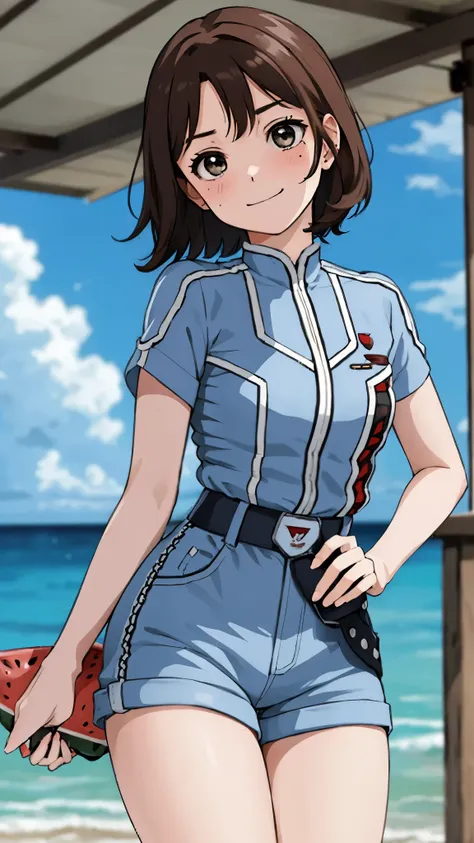 masterpiece, best quality, solo,1girl,looking at viewer,, cowboy shot,sea,anime style,
 anne、Ultra Guard Interior、Fighter Aircraft Background、Sweating profusely、Arms rolled up、Short sleeve、Short pants、Show off your thighs、Eating watermelon、holding a waterm...