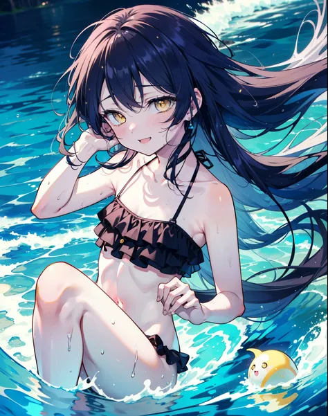 Umi Sonoda, Long Hair, Blue Hair, (Yellow Eyes:1.5) (Flat Chest:1.2),,happy smile, smile, Open your mouth,Black bikini swimsuit with frills,barefoot,Water Play,True Summer,Clear skies,Daytime,Wet swimsuit,Wet Skin,Wet Hair,　　　　　　　　　　　　　break looking at vie...