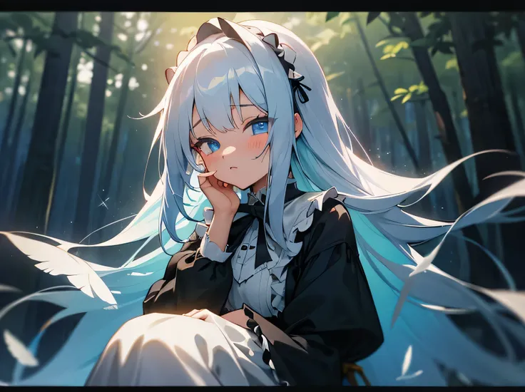 kawaii, anime, Cute, hyper quality, highly detailed, 8k, Clarity, Draw facial expressions in detail, A woman with long silver hair prays, mysterious, highlight on eyes, in the forest, Feathers dance, The wind passes through, close your eyes, light pours fr...