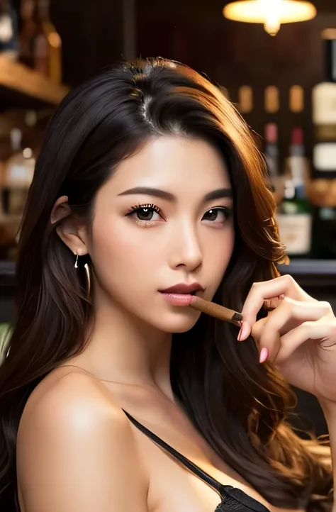 cigar、woman、Authentic BAR、holding a cigar in his right hand、No missing fingers、The cigar is not yet lit.、No missing fingers、