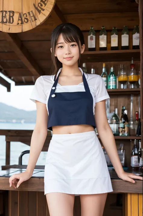 A 20 year old girls working at a beach bar（Short mini skirt and apron）