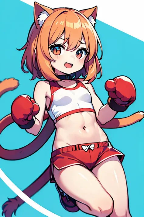 boxing、Young Girl、(child:1.3)、(stomach:1.1)、belly button、Shorts、Cat ear、Cat&#39;s tail