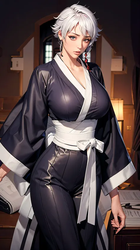 （（（perfect figure，figure，long sleeves, japanese clothes, kimono, haori, black kimono, hakama, black hakama,（（（isane kotetsu, sho...