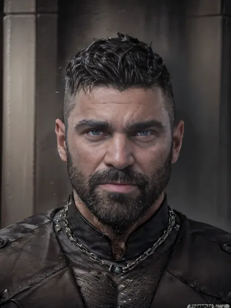 a male cleric with short faded black hair with some grey, skin shaved sides, neat trimmed beard, oval face, werewolf claw scar o...