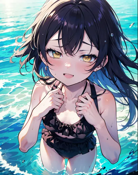 umi sonoda, long hair, blue hair, (yellow eyes:1.5) (flat chest:1.2),,happy smile, smile, open your mouth,black bikini swimsuit ...