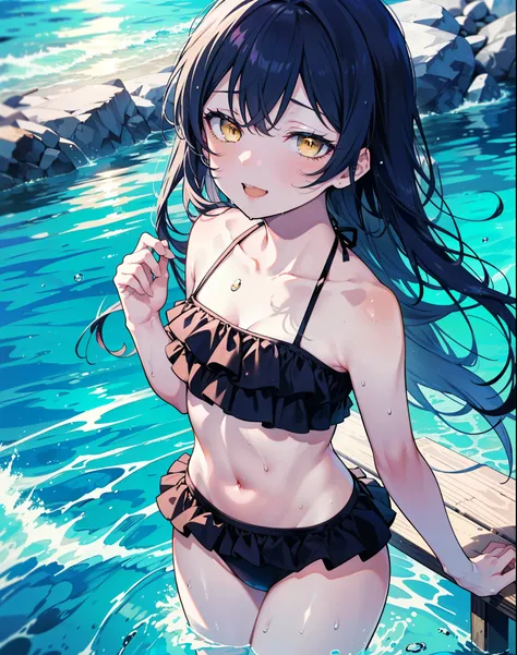 Umi Sonoda, Long Hair, Blue Hair, (Yellow Eyes:1.5) (Flat Chest:1.2),,happy smile, smile, Open your mouth,Black bikini swimsuit with frills,barefoot,Water Play,True Summer,Clear skies,Daytime,Wet swimsuit,Wet Skin,Wet Hair, break looking at vie...