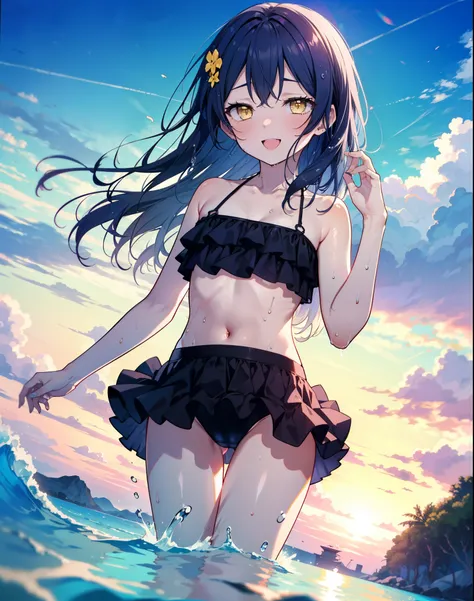 Umi Sonoda, Long Hair, Blue Hair, (Yellow Eyes:1.5) (Flat Chest:1.2),,happy smile, smile, Open your mouth,Black bikini swimsuit with frills,barefoot,Water Play,True Summer,Clear skies,Daytime,Wet swimsuit,Wet Skin,Wet Hair,　　　　　　　　　　　　　break looking at vie...