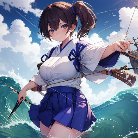 Kaga(Fleet Collection),highest quality, masterpiece, High resolution,kimono,blue skirt,side ponytail,big_breasts,solo,Japanese_bow&arrow,dynamic_posing,half_eyes,solo,plump,sea_landscape_background,waves