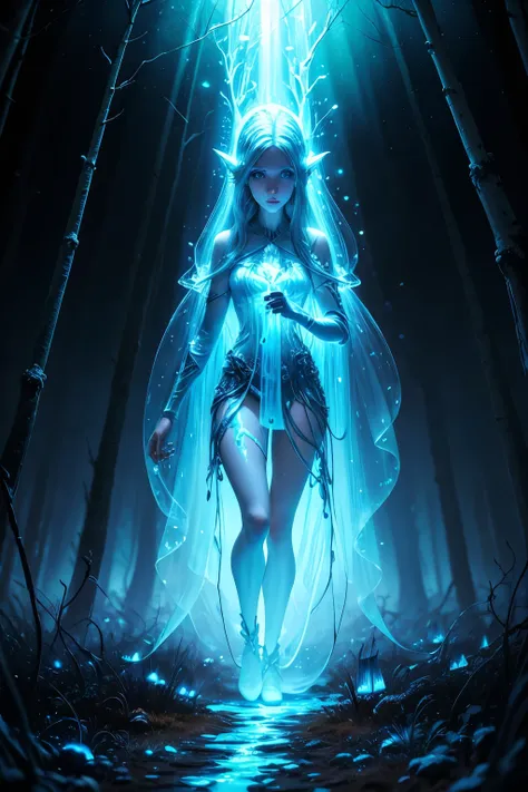 a beautiful tall ice-elf on a forest path at twilight standing on an incredibly large bio luminous ice-mushroom holding a bow an...