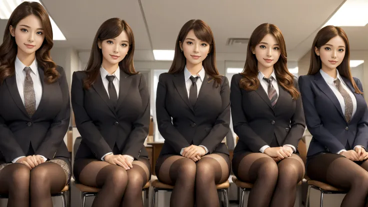 (best quality, masterpiece:1.5), (ultra-detailed, realistic:1.37),4K,(4woman:1.5),(smile:1.3),(4group photo),japanese,cute,beautiful,(big breast),(office suits),(skirt),blouse,(black pantyhose),beauty legs,(sexy pose:1.1),(fold your arms behind your head:1...