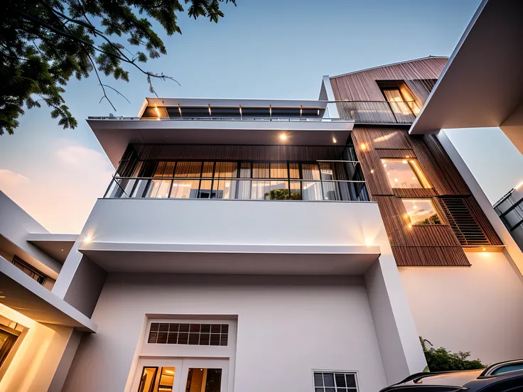 Realistic images, extremely detailed, a modern full white house, steel railling, 4 panel steel gate,1 road in font of house, large yard made by ceramic, (1 car), brick fence, lawn, a few small flowers, a road in front of the house, main materials of the ho...
