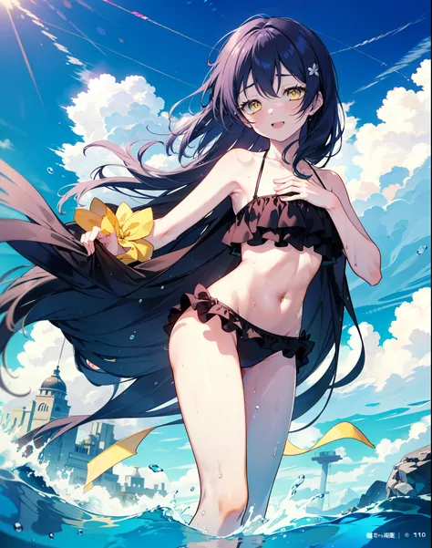 Umi Sonoda, Long Hair, Blue Hair, (Yellow Eyes:1.5) (Flat Chest:1.2),,happy smile, smile, Open your mouth,Black bikini swimsuit with frills,barefoot,Water Play,True Summer,Clear skies,Daytime,Wet swimsuit,Wet Skin,Wet Hair,　　　　　　　　　　　　　break looking at vie...