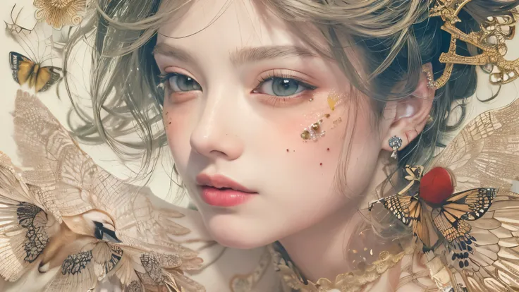 ((((masterpiece))), tattoo、Highest quality, An illustration, Beautiful details shine,
paper_cut, The details of a fragile girl&#39;s face captured on camera, wood, moon, butterfly,Wind、star、spider、Ladybug、centipede