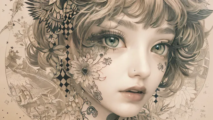 ((((masterpiece))), tattoo、Highest quality, An illustration, Beautiful details shine,
paper_cut, The details of a fragile girl&#39;s face captured on camera, wood, moon, butterfly,Wind、star、spider、Ladybug、centipede