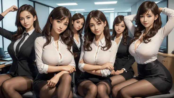 (best quality, masterpiece:1.5), (ultra-detailed, realistic:1.37),4K,(4woman:1.5),(smile:1.3),(4group photo),japanese,cute,beautiful,(big breast),(office suits),(skirt),blouse,(black pantyhose),beauty legs,(sexy pose:1.1),(fold your arms behind your head:1...