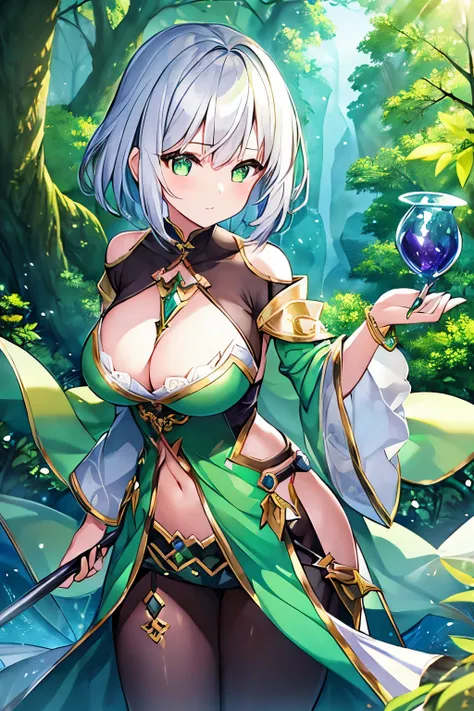 1 girl、Silver short hair、Fantasy、witch、Green clothes、Aggressive design、Yellow decoration、accessories、Villain、(Magical Items)、whole body、in the forest