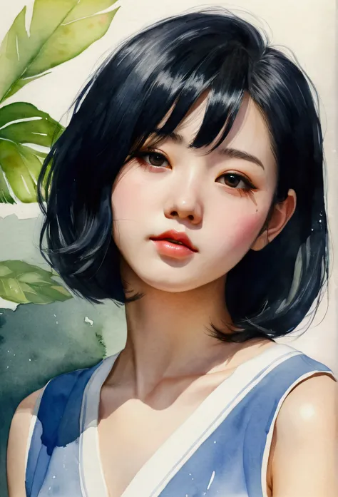 Watercolor style、digitalart、Black Hair Bob、Japan Beautiful Girl、18year old、realistic