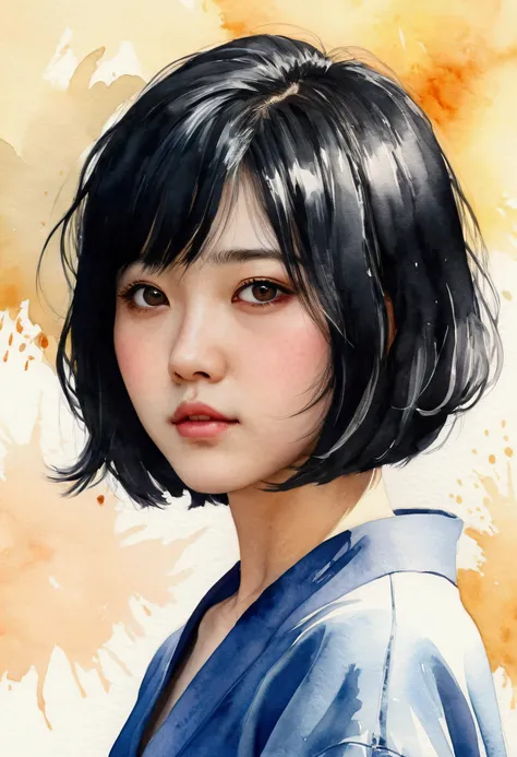 Watercolor style、digitalart、Black Hair Bob、Japan Beautiful Girl、18year old、realistic