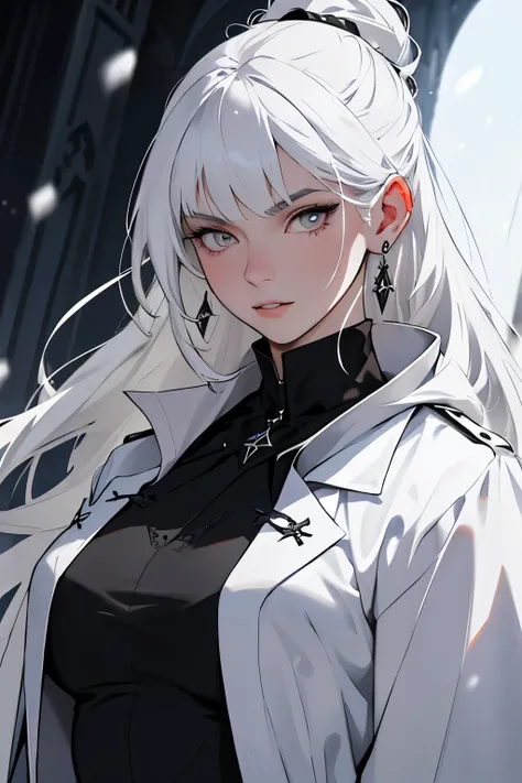 Masterpiece ,Detailed face, detailed hands, best quality, 1girl, girl, fairly tall woman who had pale skin and eyes that had pure black irises and a red "x"-shaped pupil. Her asymmetric long length snow white hair had the occasional black streaks swept to ...