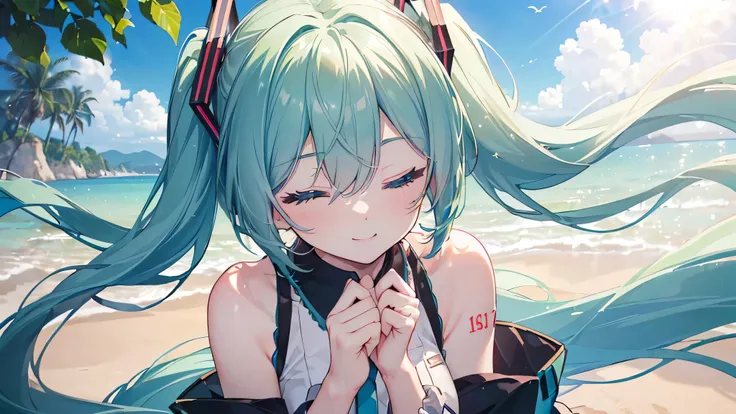 ((Look Up)), (((Highest quality、masterpiece、Ultra-fine、Ultra-fine、Green Hair,Exquisite、16K、Full HD、Asahi、Top-down angle,hatsune miku,))), ((buzzer,Private Server,Looking up while blocking the sunlight with your hands)))Blue eyes、Long eyelashes、White skin、(...