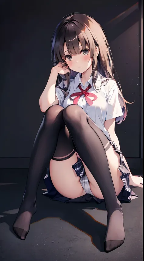 (8k、Best image quality、Highest quality、masterpiece)、One tall girl、((Full body))、Sitting on the floor、White panties are visible、Long Hair、blush、Moderate bust、White collared shirt、Short sleeve、((Plaid pleated mini skirt))、Classroom Background、((black tights)...