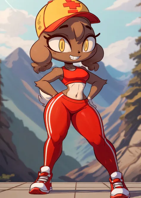 [Baozi], [Diives], ((masterpiece)), ((HD)), ((high res)), ((solo portrait)), ((front view)), ((feet visible)), ((detailed shading)), ((cartoon aethsetic)), {(slim figure), (brown fur), (white fur tufts on hips), (black nose), (round ears), (cute bang), (cu...