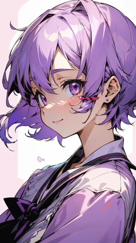 １girl、Yuitsuki Yukari、Light purple hair、short hair、(Hair between the eyes) )、Blouse shirt with ethnic patterns and primary colors、profile、smile、Upper body close-up