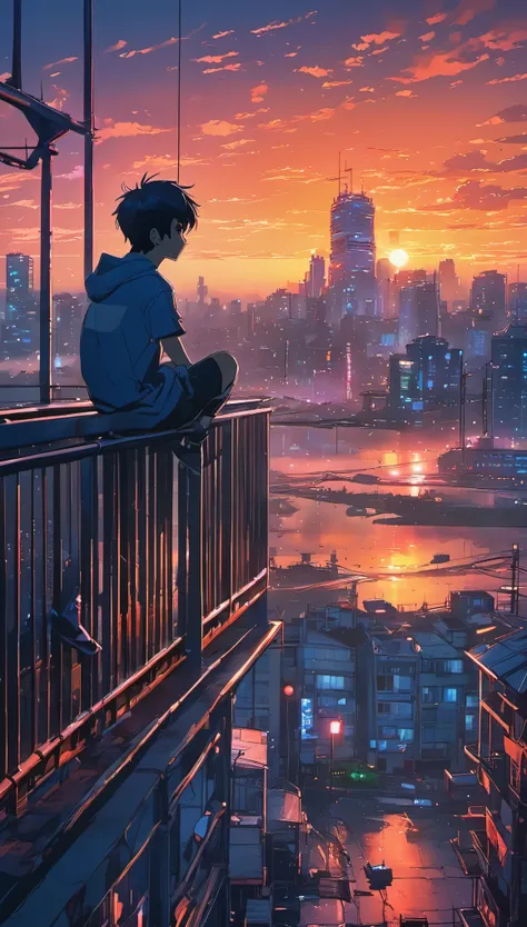 anime boy sitting on a balcony watching the sunset, watching the sun set. anime, lofi artstyle, anime background art, anime styl...