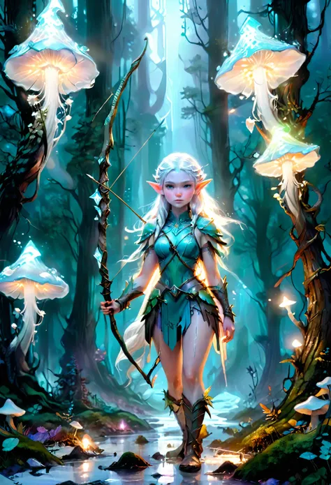 a beautiful tall female ice-elf on a forest path at twilight standing amidst incredibly large bio luminous ice-mushrooms holding a bow and arrow, Ultra detailed illustration of a person lost in a magical world of wonders, glowy, translucent, transparent, b...