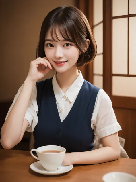 masterpiece, best quality, illustration, ultra-detailed, finely detailed, high resolution, 8K wallpaper, perfect dynamic composition, beautiful detailed eyes, tea ceremony, short hair, peaceful expression, cute, smile, looking at camera