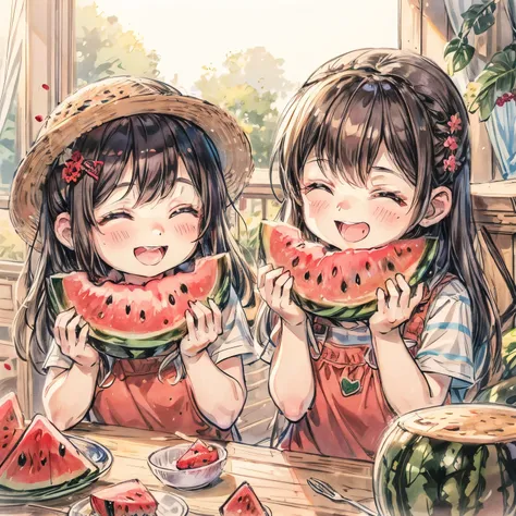 {worst quality, low quality}, Illustration of sisters with the best smiles eating watermelon on the porch,Best Quality, Super Detailed,