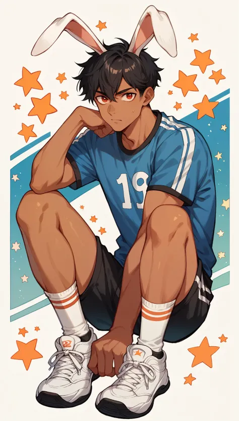 Handsome boy,Black Hair，Tanned skin，Rabbit ears，Sportswear，Slim body，sit，He has a pair of warm red eyes，Stars background，White socks，White sneakers