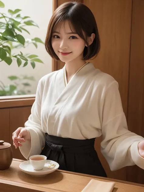 masterpiece, best quality, illustration, ultra-detailed, finely detailed, high resolution, 8K wallpaper, perfect dynamic composition, beautiful detailed eyes, traditional japanese tea ceremony, short hair, peaceful expression, cute, smile, looking at camer...