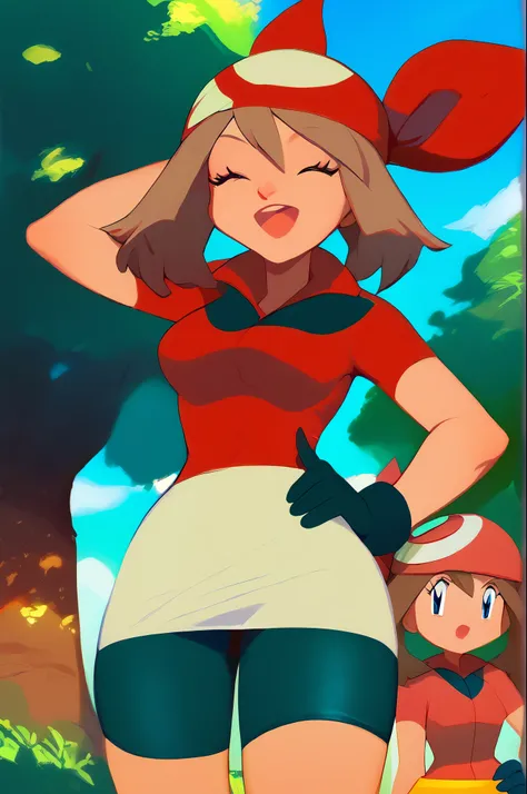 score_9, score_8_up, score_8, medium breasts, (curvy),  eyelashes,       zzMay, smile, open mouth, skirt, shirt, gloves, closed eyes, short sleeves, outdoors, sky, day, tree, hand on hip, bike shorts, arm behind head, bandana,   embedding:zPDXL,  