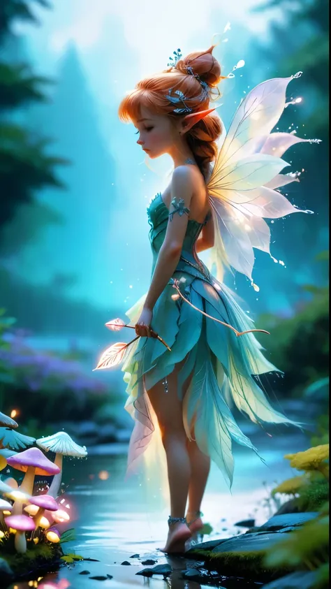 
a beautiful tall female ice-elf on a forest path at twilight standing amidst  incredibly large bio luminous ice-mushrooms holding a bow and arrow, Ultra detailed illustration of a person lost in a magical world of wonders, glowy, translucent, transparent,...