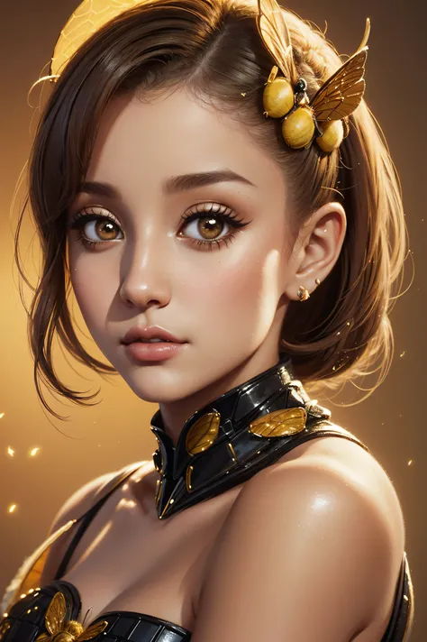 portrait Ariana Grande, wearing breasts bee costume, against the background of a beehive, character portrait, 3 9 9 0 s, short hair, intricate, elegant, highly detailed, digital painting, artstation, concept art, smooth, sharp focus, illustration, art by w...