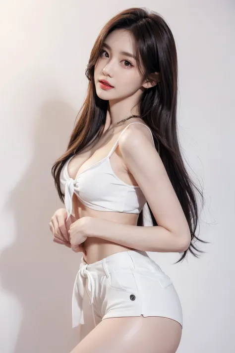 8K,A slender woman, red glossy lips,(Extremely detailed beautiful face)), (best quality), (Super detailed), (Extremely detailed CG unified 8k wallpaper),original photo, (standing), (White background) ,(cleavage),(average light source),shorts,black hair,lon...