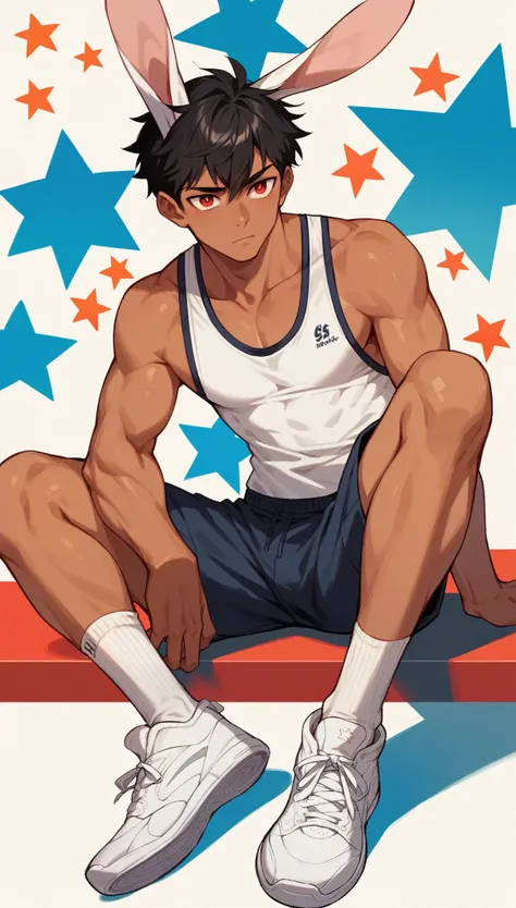 Handsome boy,Black Hair，Tanned skin，Rabbit ears，Sportswear，Slim body，sit，He has a pair of warm red eyes，Stars background，White socks，White sneakers，Vision