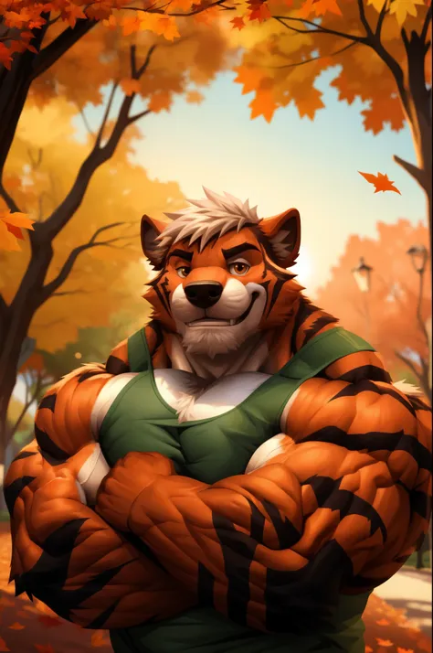 a muscular furry park in park, tank top, happy, autumn, vector, mwvector, bokeh, smile, (masterpiece:1.2),(best quality,8k),huge...