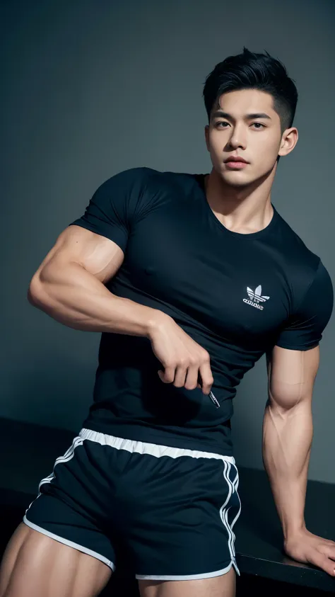 A handsome, muscular young man with big muscles, short black hair, an color navy blue Adidas t-shirt, color navy blue shorts