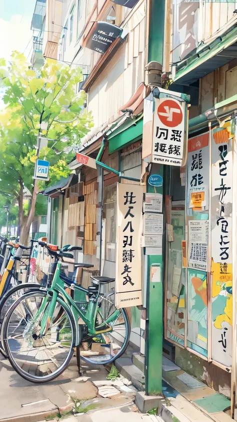 architectural marker paint、80&#39;s、tokyo、public bath、goodwill、downtown、bicycle、no humans、black cat、watercolor