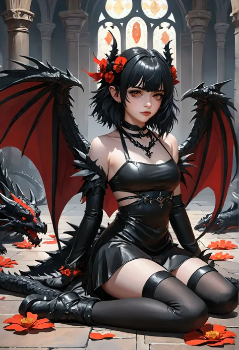 Anime girl sitting on the floor，Body like a dragon, anime monster girl, Demon anime girl, dragon girl, Guvez on artstation pixiv, Guvez on pixiv artstation, Guvez, angel knight goth girl, goth girl anime girl, Popular topics on artstation pixiv, Black, Ang...