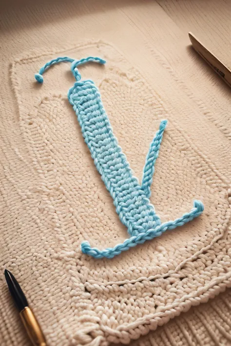 simple logo of the letter "B" made of Crochet, minimalist, detailed, refined line, Spool and needle, name at the bottom written "Bell Ateliê", cut and sew style, made of thread, neutral background, colors in pastel tones