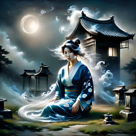 Ghost in the Moonlight，Unhappy young woman in kimono、Airbrush Style, Beautiful details、The lower half of the body becomes smoky、Near the old well、A rundown house