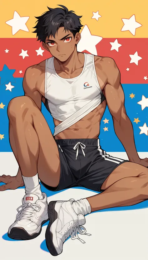 Handsome boy,Black Hair，Tanned skin，Sportswear，Slim body，sit，He has a pair of warm red eyes，Stars background，White socks，White sneakers，Vision