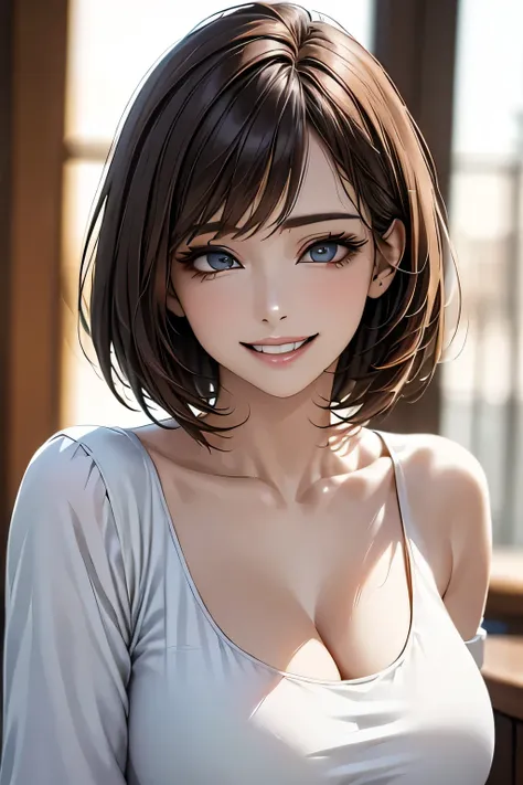 ((realistic light, highest quality, 8k, tabletop: 1.3)), 1 girl, slim body beauty: 1.4, brown hair, (((super big breasts: 1.3)),...