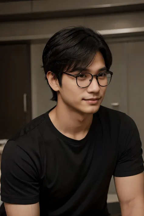 1 asian idol boy, handsome, wavy short black hair, wearing glasses, brown eyes, softly smile, wearing black shirt.