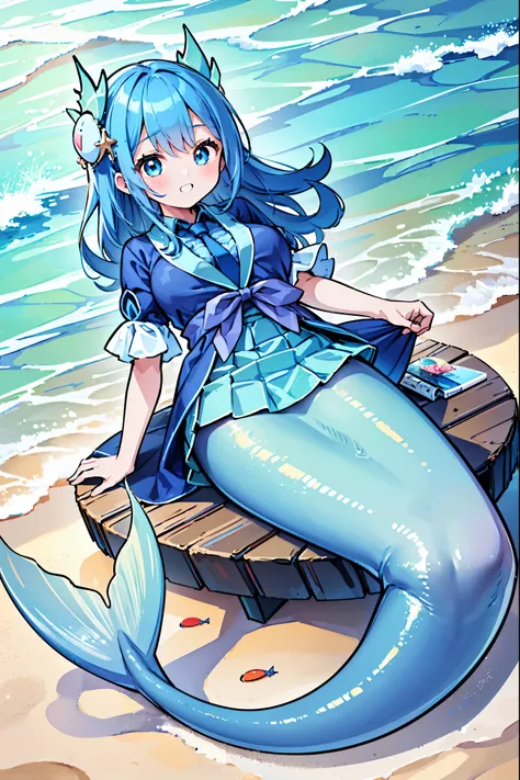 masterpiece, best quality,(full fingers),a woman,mermaid,large breasts,blue shirt,blue skirt,藍色的mermaid尾巴,full-body shot,ocean,b...