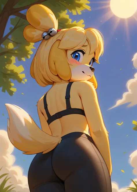 [isaCrossing], [Isabelle], [Animal Crossing], [Uploaded to e621.net; (Pixelsketcher), (wamudraws)], ((masterpiece)), ((HD)), ((high res)), ((solo portrait)), ((waist up)), ((low angle view)), ((back view)), ((detailed fur)), ((detailed shading)), ((beautif...